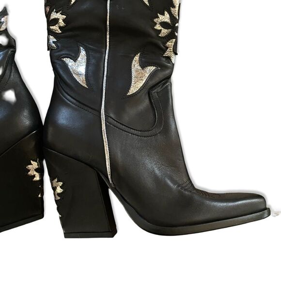 Free People Sz 10 Sparks Fly Western boots black silver leather cowboy cowgirl - Picture 2 of 13